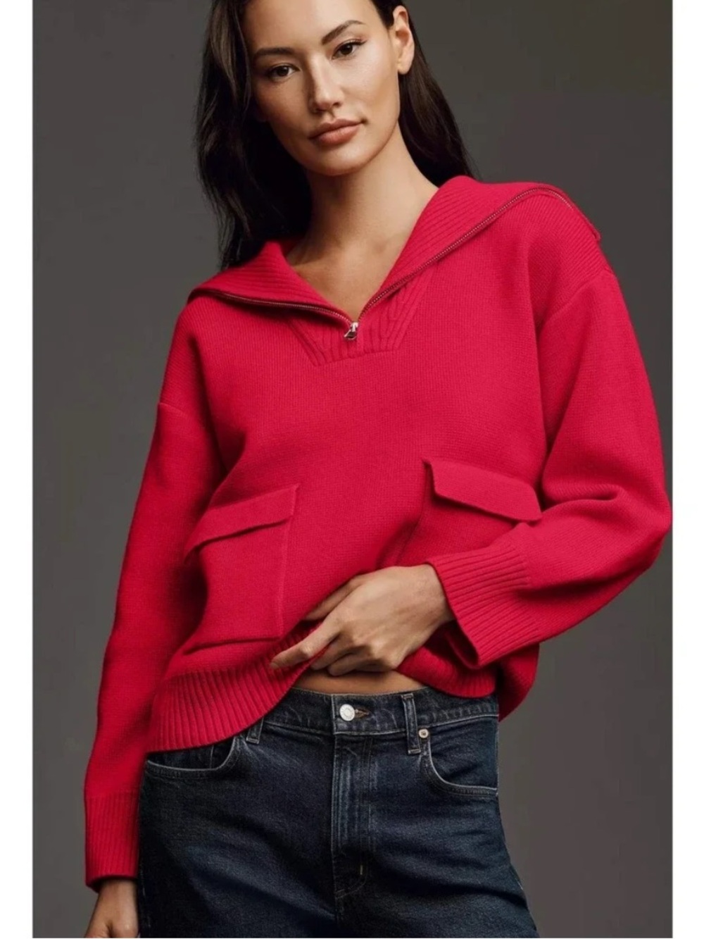 Anthropologie Red Knit Sailor Collar 1/4 Zip Women's Pullover Sweater Medium